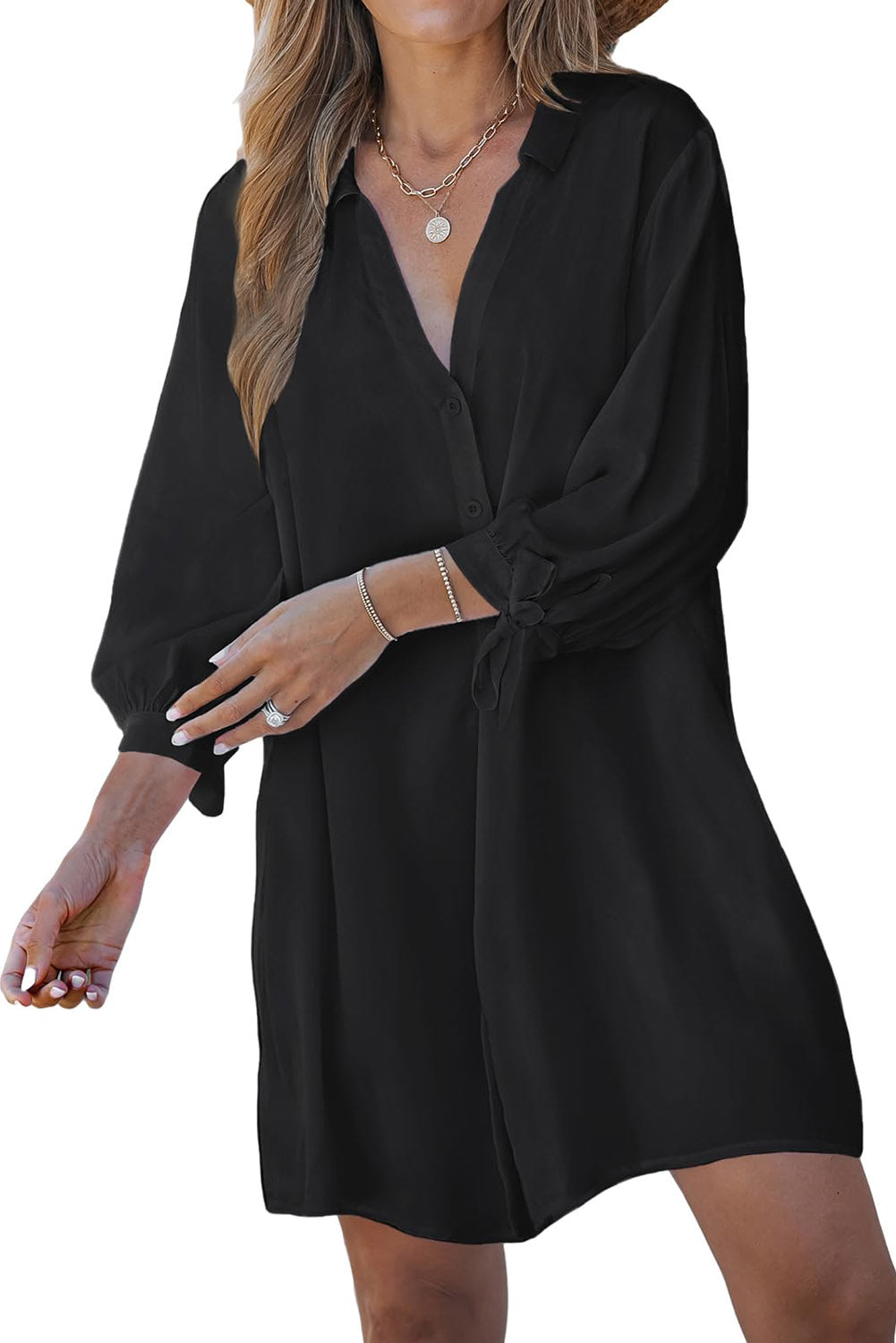 Black Plus Size Tie Cuffs V Neck Shirt Dress