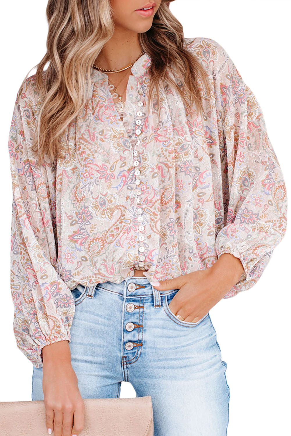 Pink Paisley Print Button Bubble Sleeve Boho Blouse