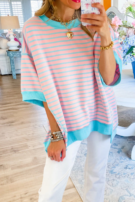 Pink Stripe Colorblock Drop Sleeve Loose Top