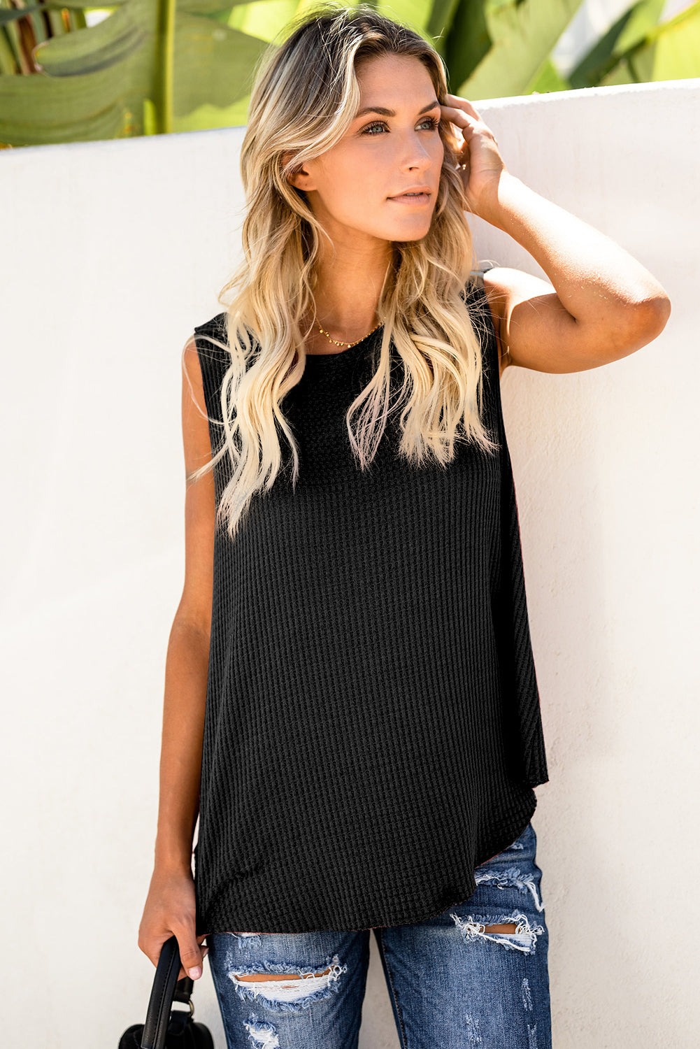 Black Crew Neck Basic Waffle Tank Top