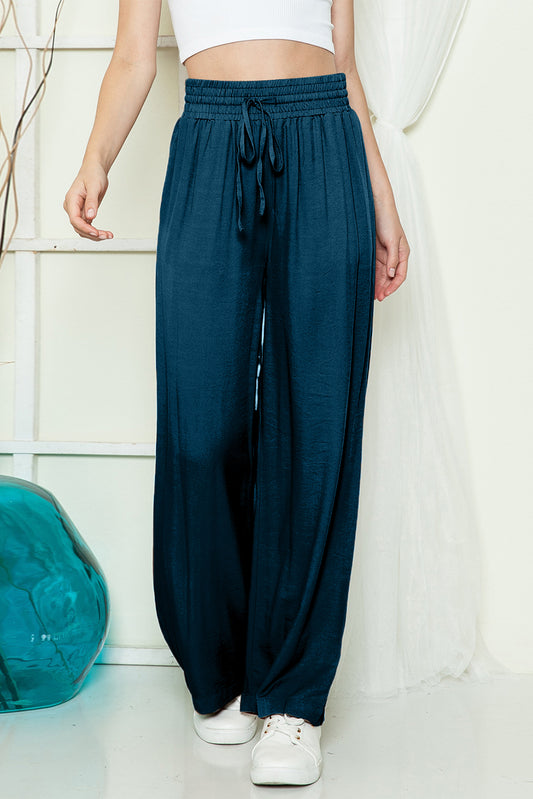 Blue Casual Drawstring Shirred Elastic Waist Wide Leg Pants