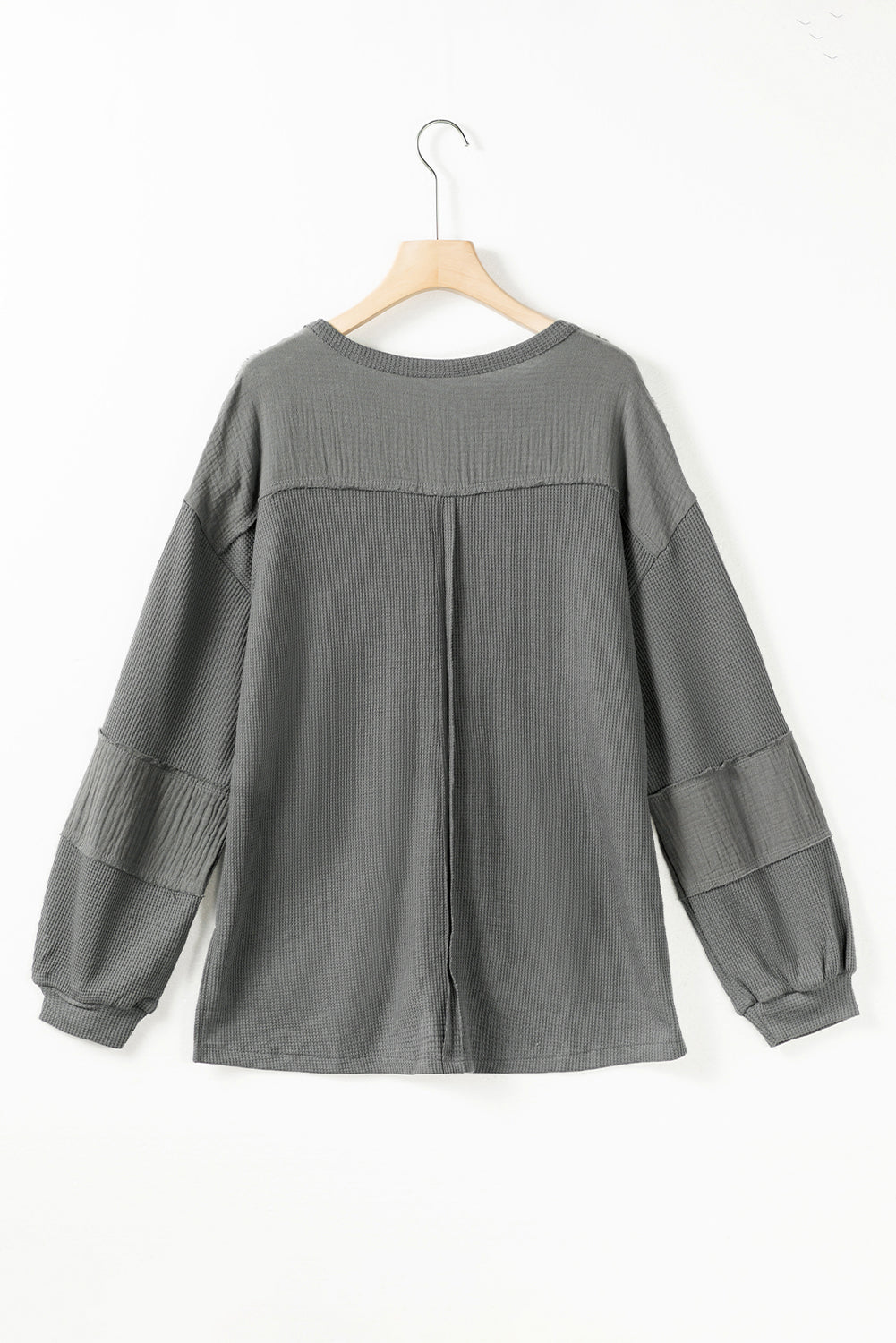 Gray Waffle and Crinkle Patchwork Long Sleeve Top