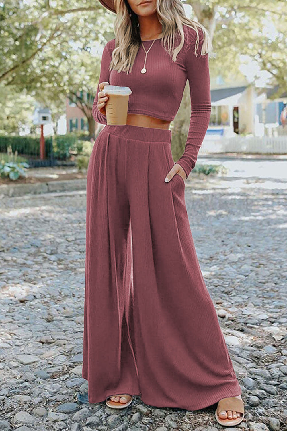 Black Plain Ribbed Crop Top & Wide Leg Pants Two Piece Pants Set