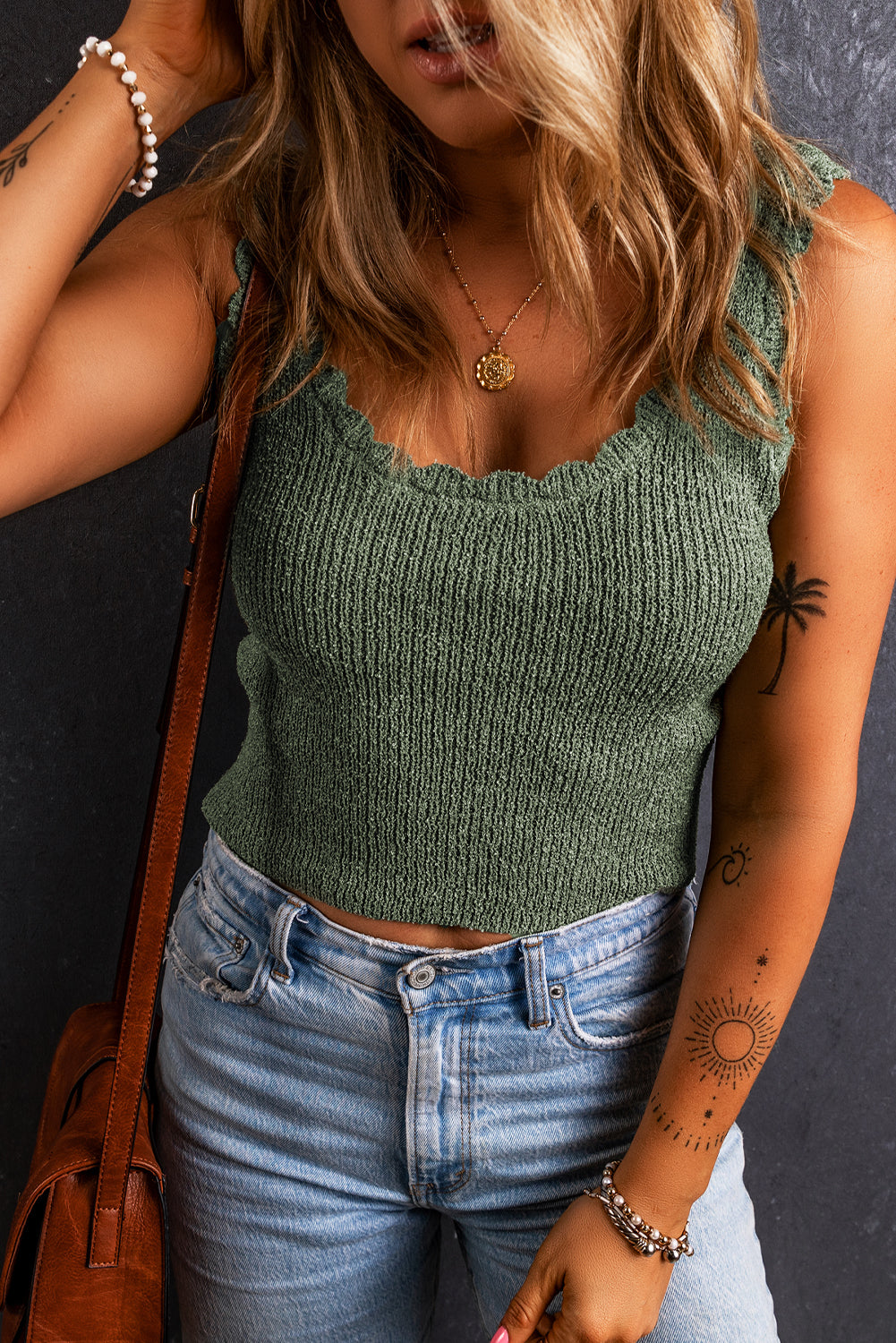 Mist Green U Neck Scallop Trim Knit Tank Top