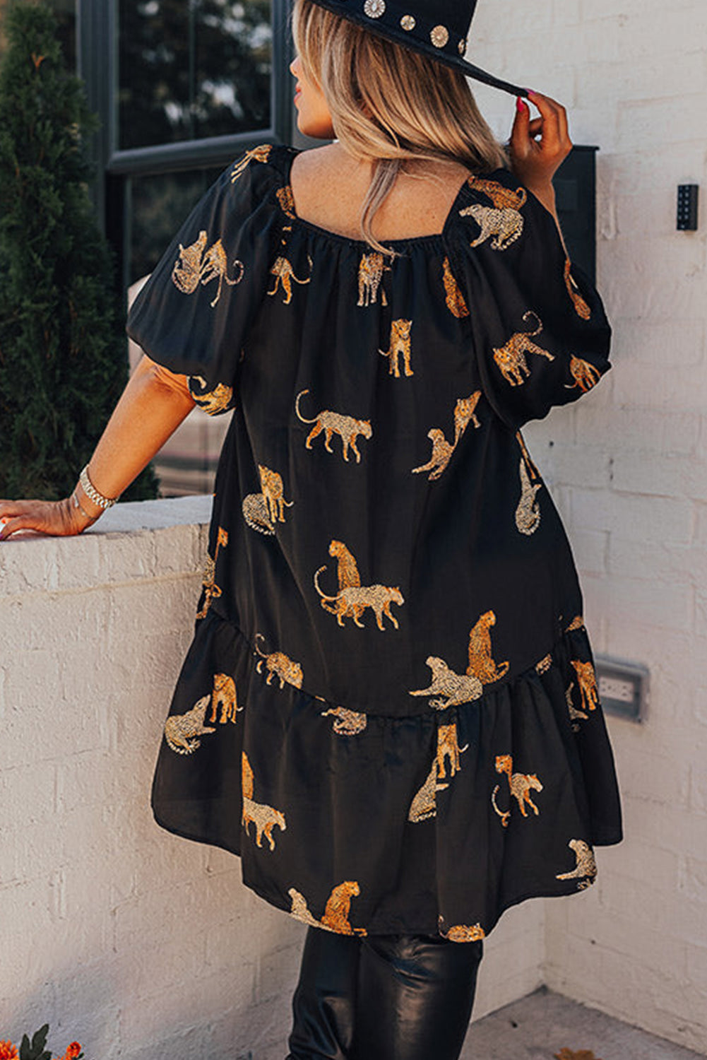 Black Plus Size Cheetah Print Puff Sleeve Ruffle Mini Dress