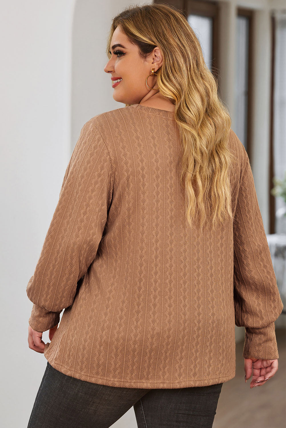 Khaki Casual Subtle Cable Knit Plus Size Sweater