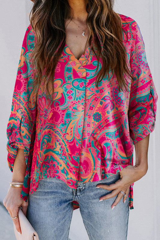 Rose Red Paisley Print Tab Sleeve V-Neck Boho Blouse