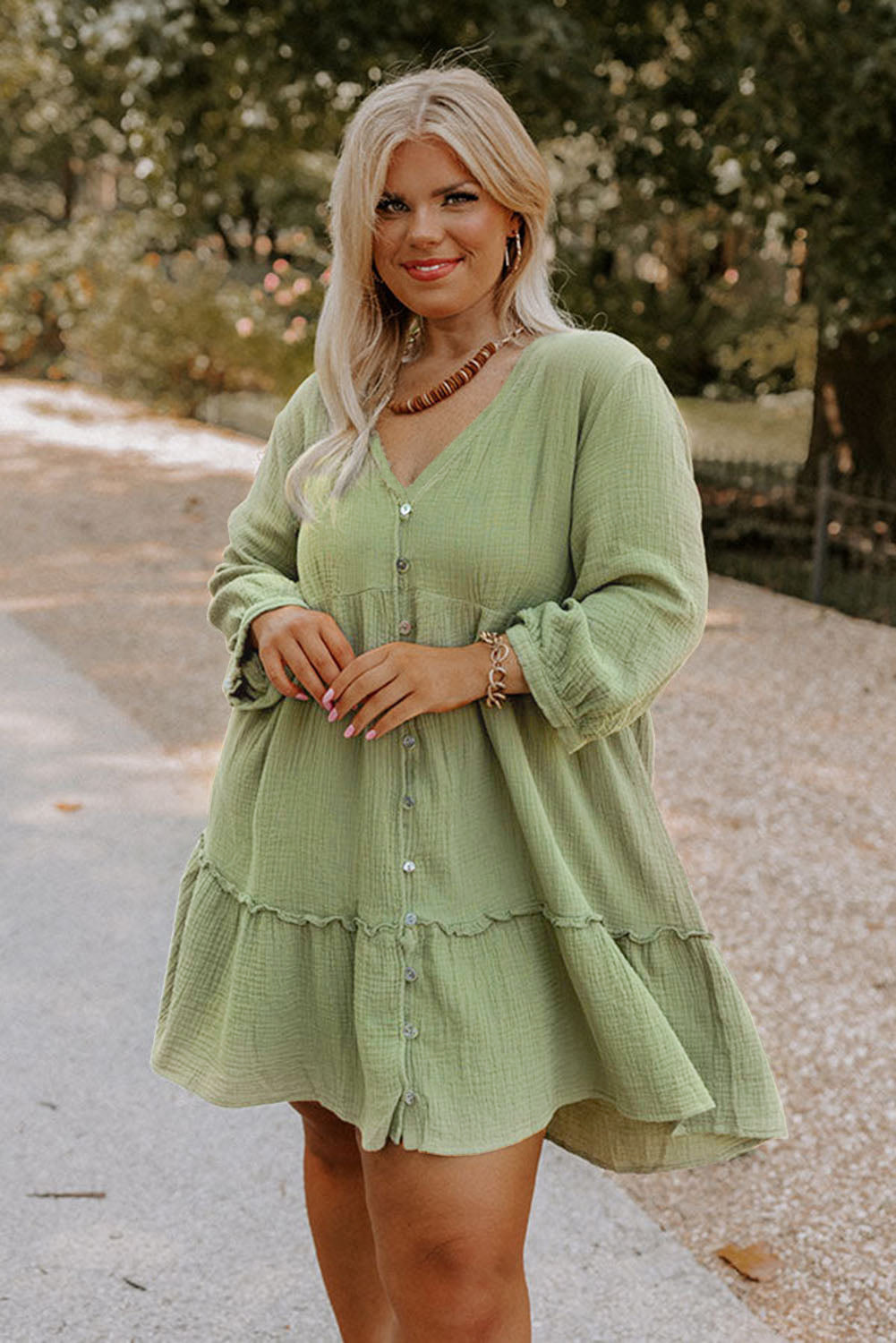 Green Textured Ruffled Buttoned V Neck Plus Size Short Dress