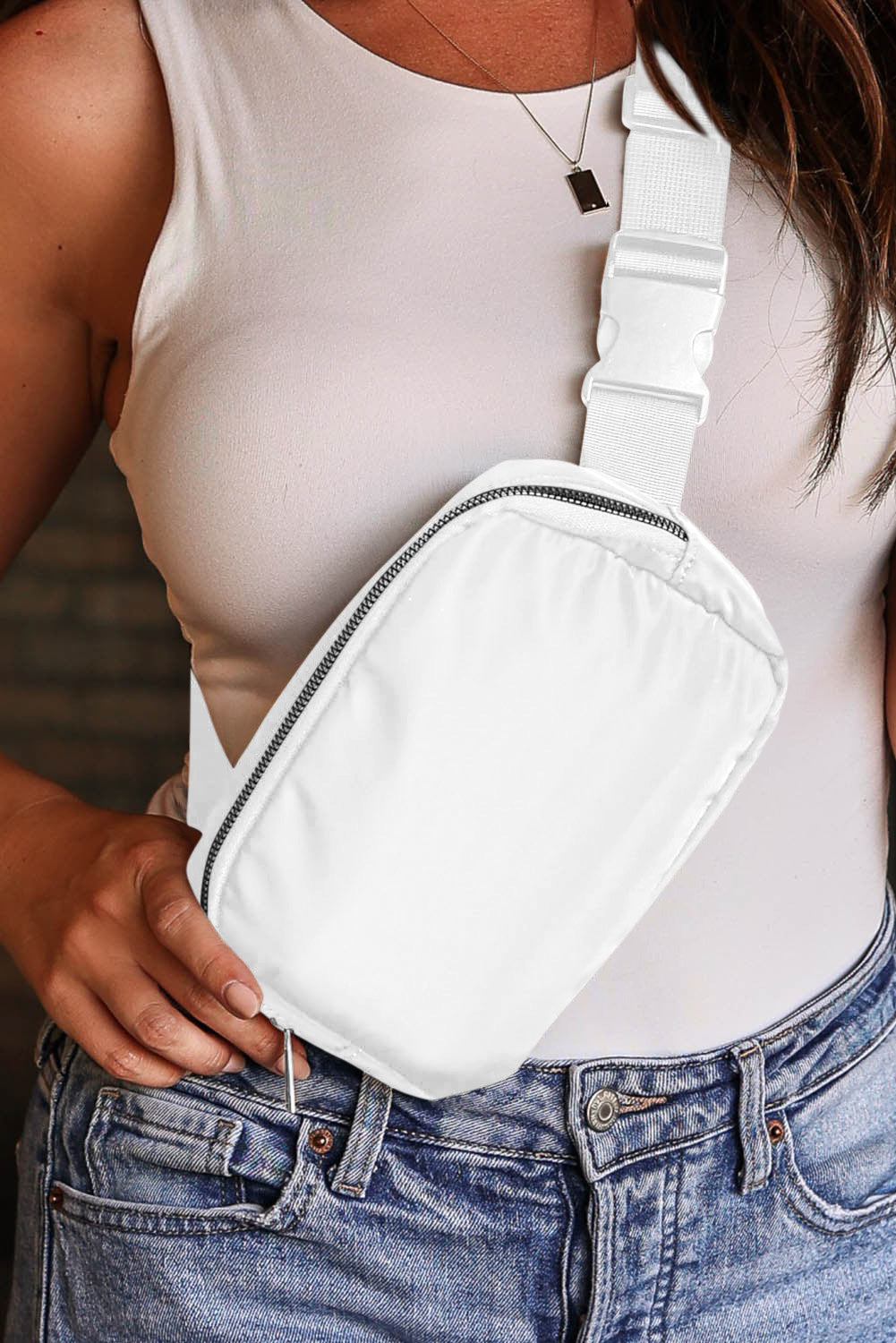 White Waterproof Zipped Fanny Pack Crossbody Sling Bag