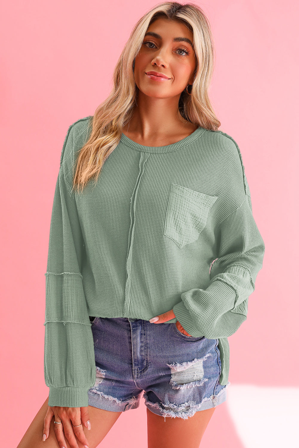 Gray Waffle and Crinkle Patchwork Long Sleeve Top