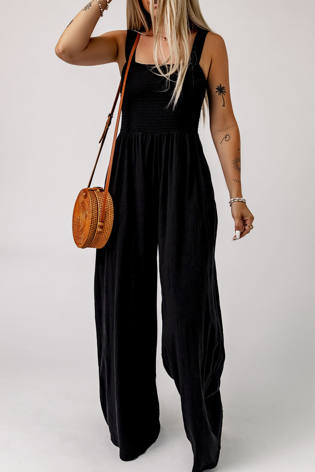 Green Casual Smocked Pocketed Wide Leg Jumpsuit