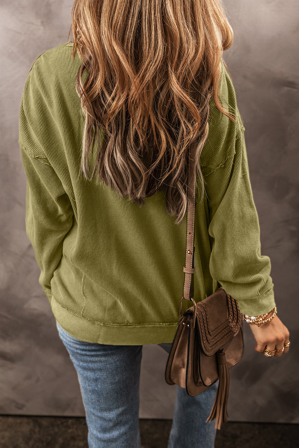 Green Waffle Textured Exposed Seamed Drop Sleeve Sweatshirt