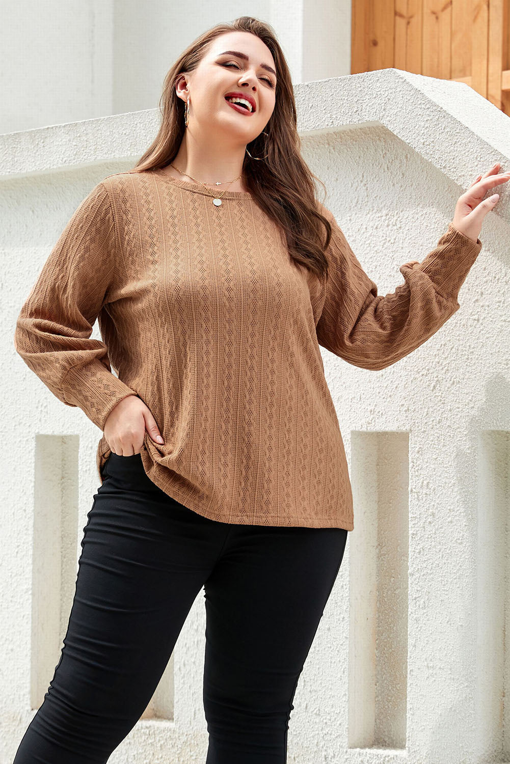 Khaki Casual Subtle Cable Knit Plus Size Sweater