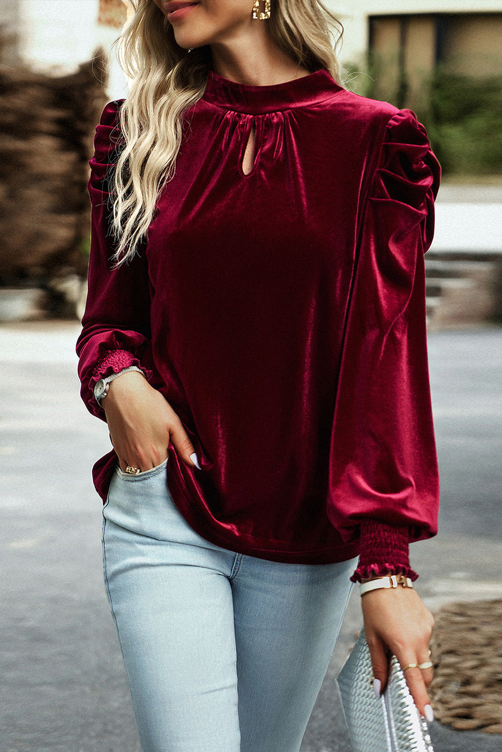 Red Mock Keyhole Neck Puff Sleeve Velvet Blouse