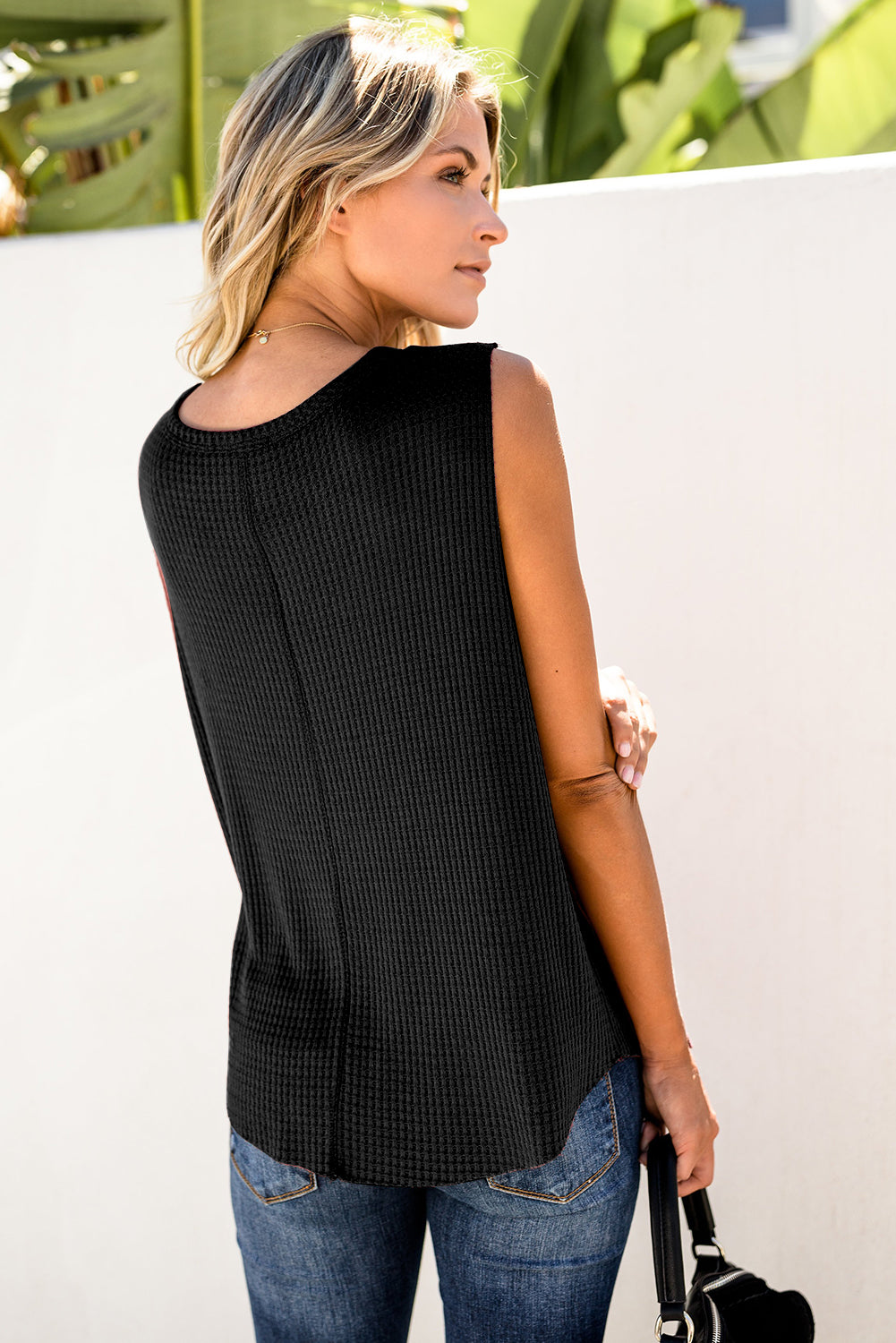 Black Crew Neck Basic Waffle Tank Top