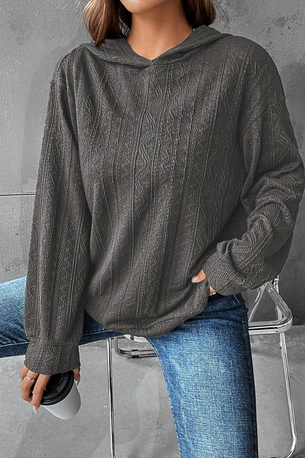 Dark Grey Casual Ribbed Knit Hoodie