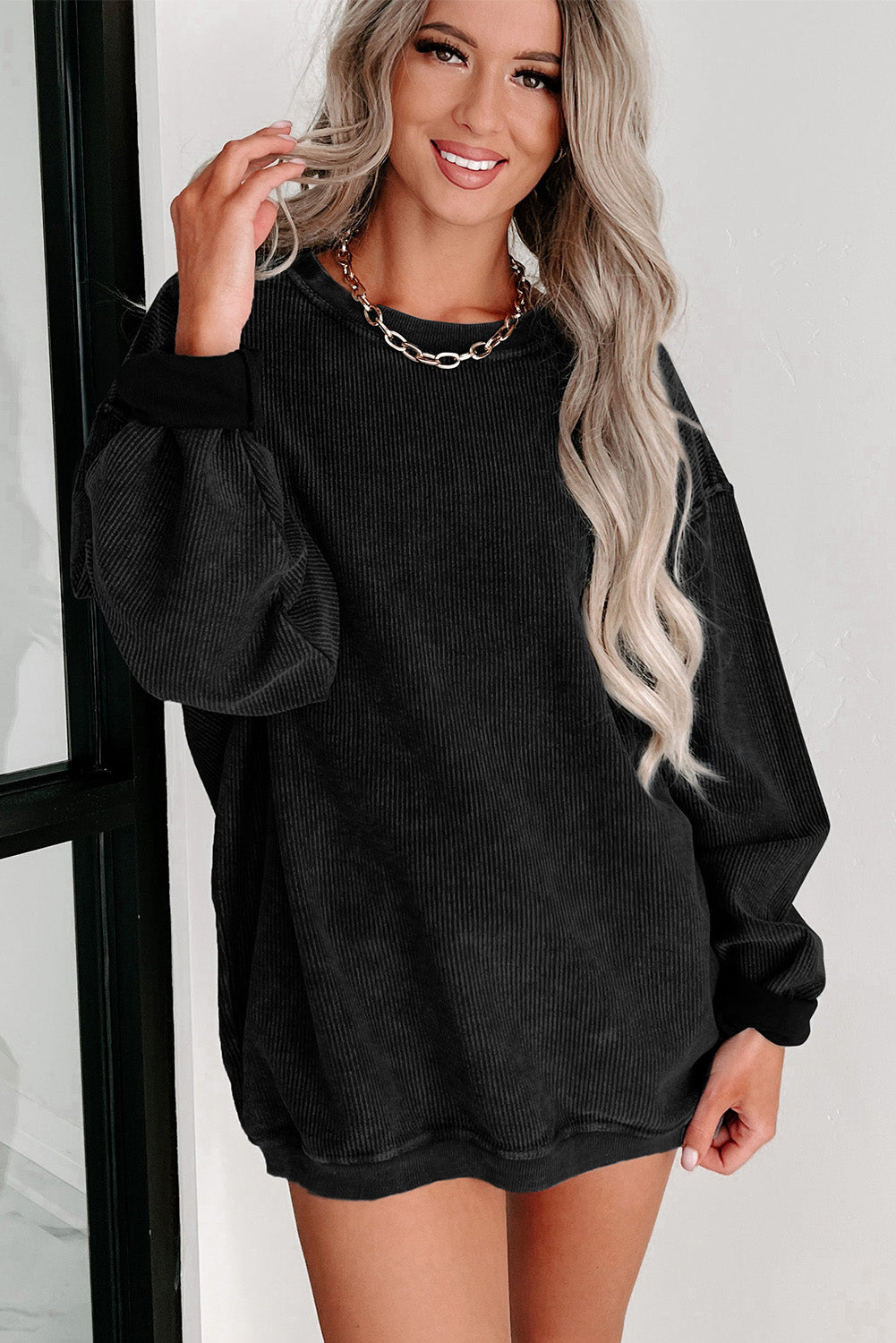 Black Plus Size Corded Round Neck Sweatshirt