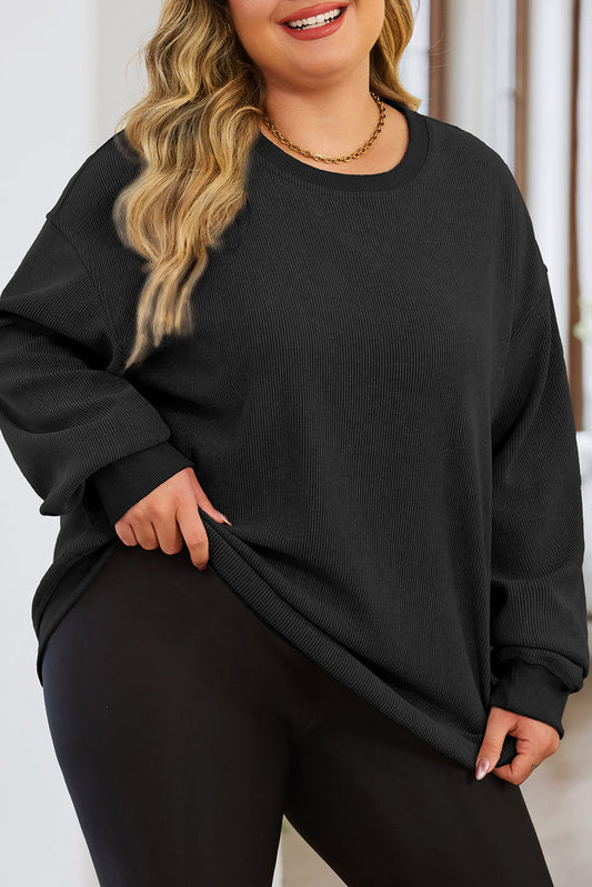 Black Plus Size Corded Round Neck Sweatshirt