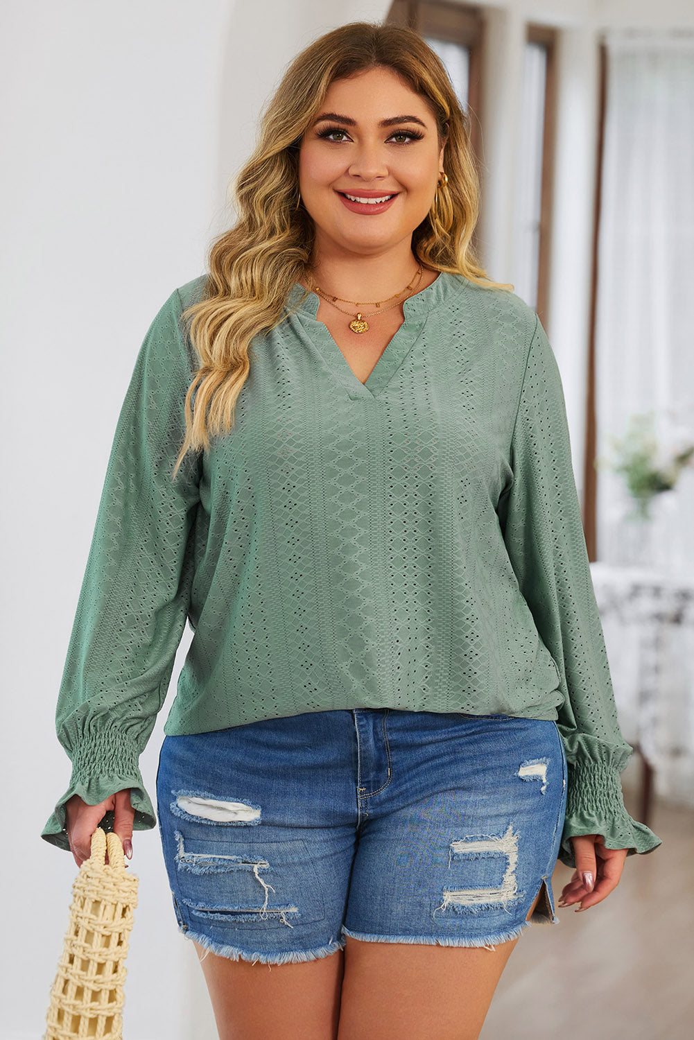 Green Eyelet Jacquard Split Neck Flounce Sleeve Plus Size Blouse