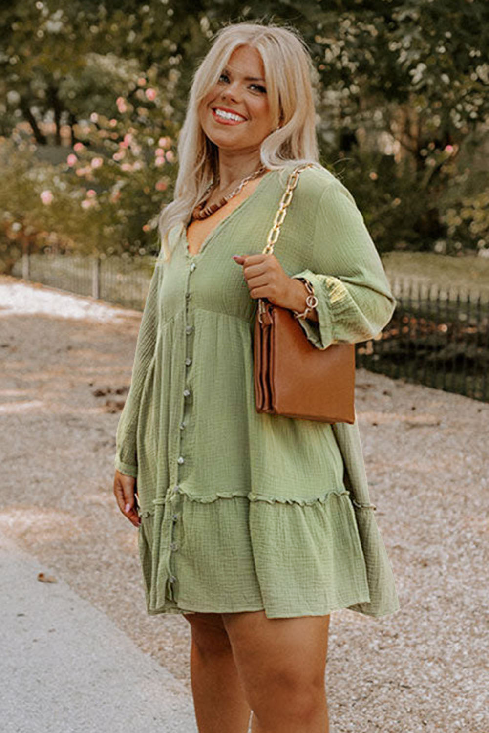 Green Textured Ruffled Buttoned V Neck Plus Size Short Dress