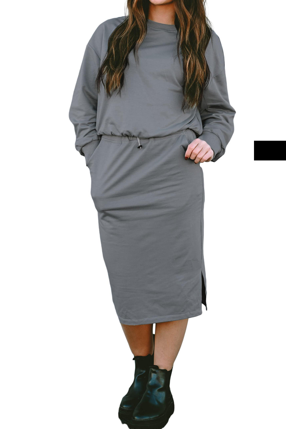 Dark Grey Drop Sleeve Pullover and Slit Midi Skirt Set