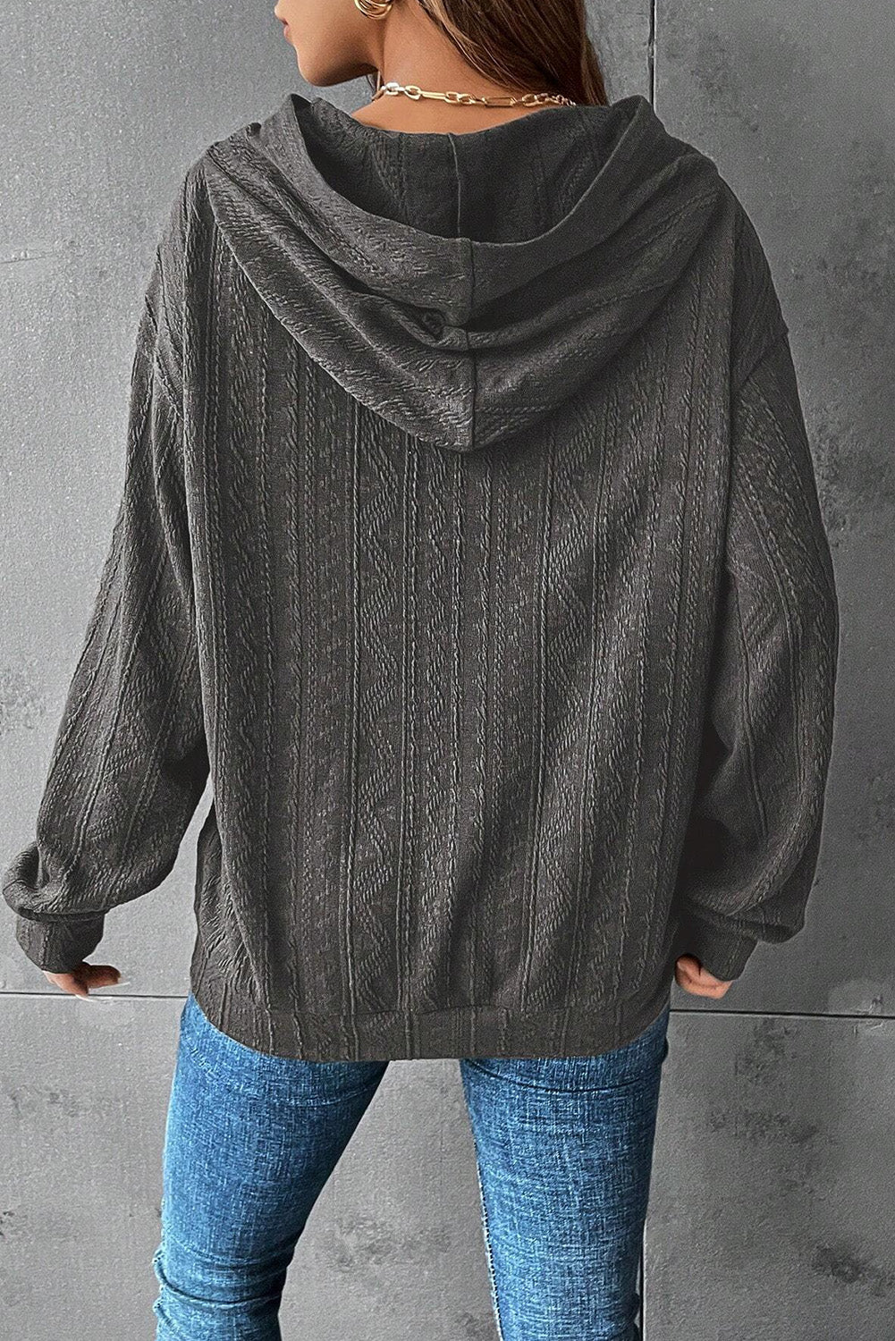 Dark Grey Casual Ribbed Knit Hoodie