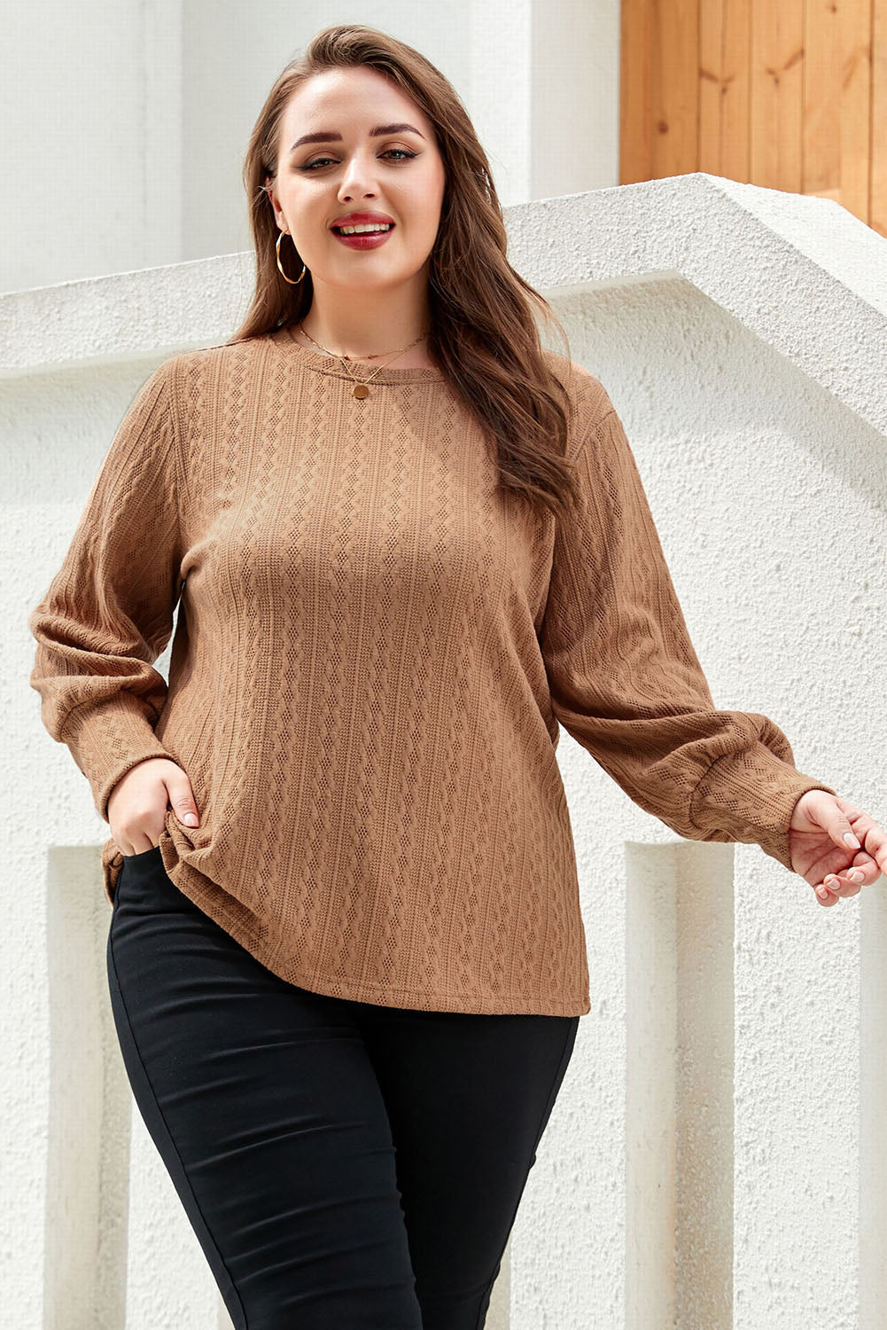 Khaki Casual Subtle Cable Knit Plus Size Sweater