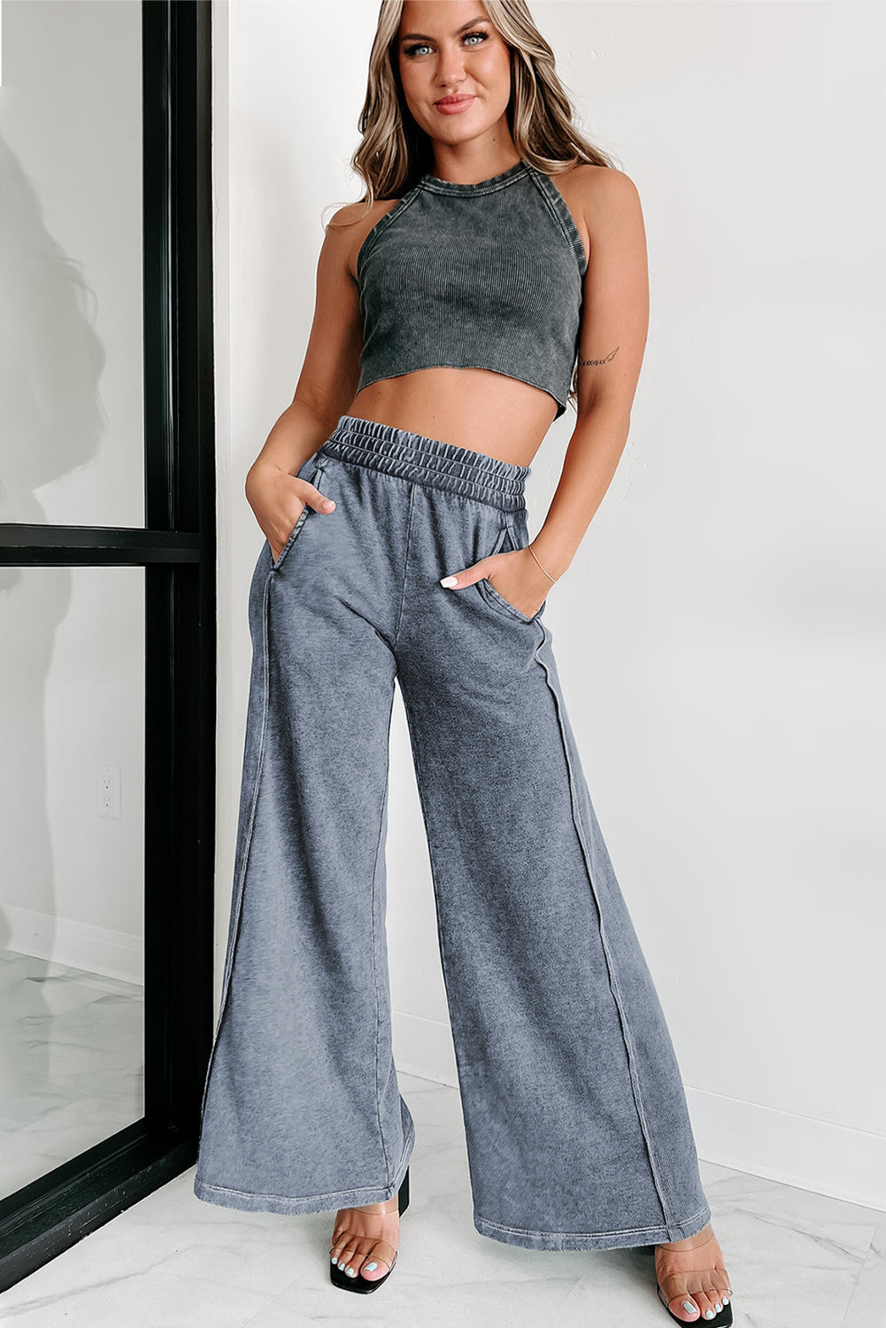 Black Mineral Washed Smocked Wide Leg Pants