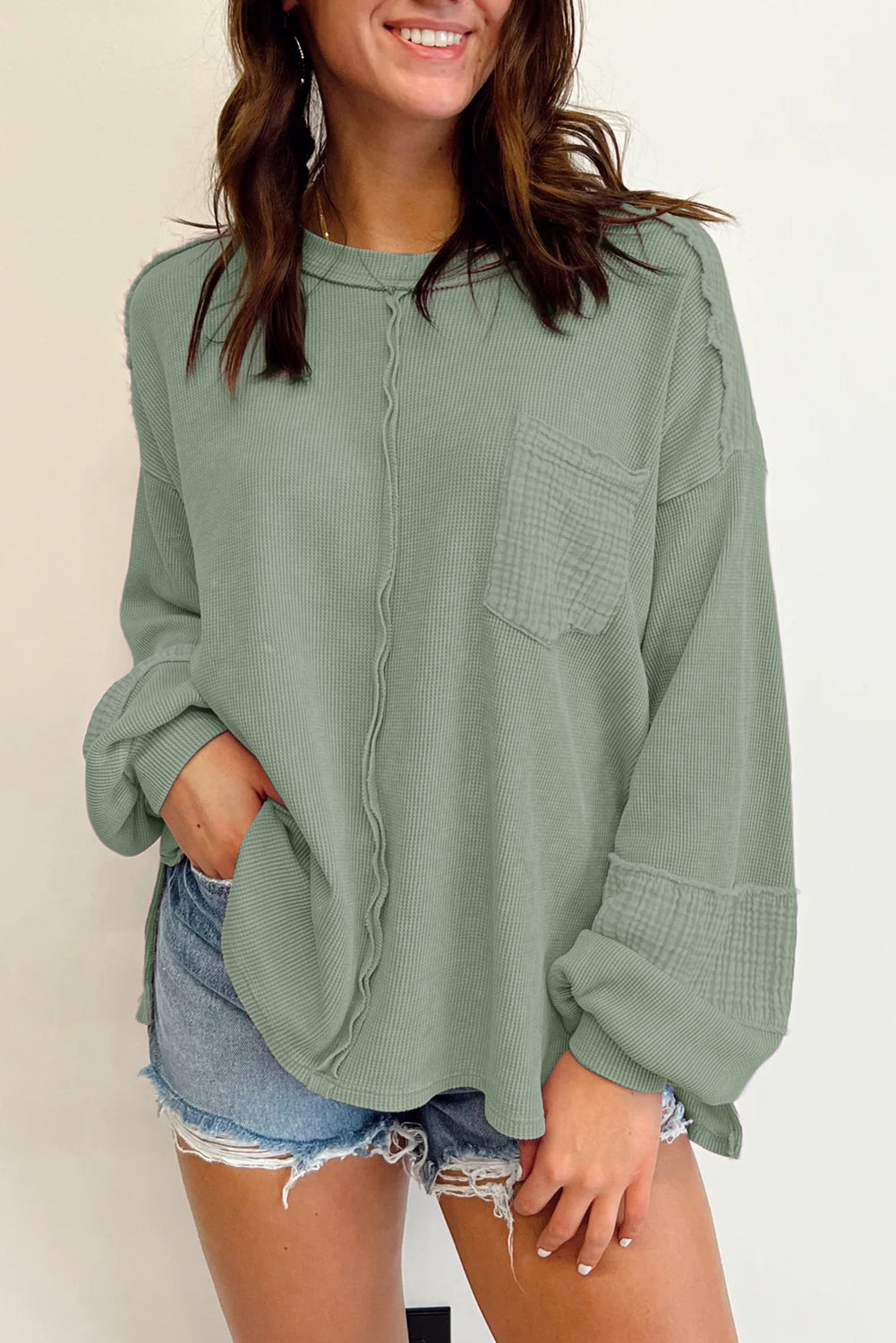 Gray Waffle and Crinkle Patchwork Long Sleeve Top