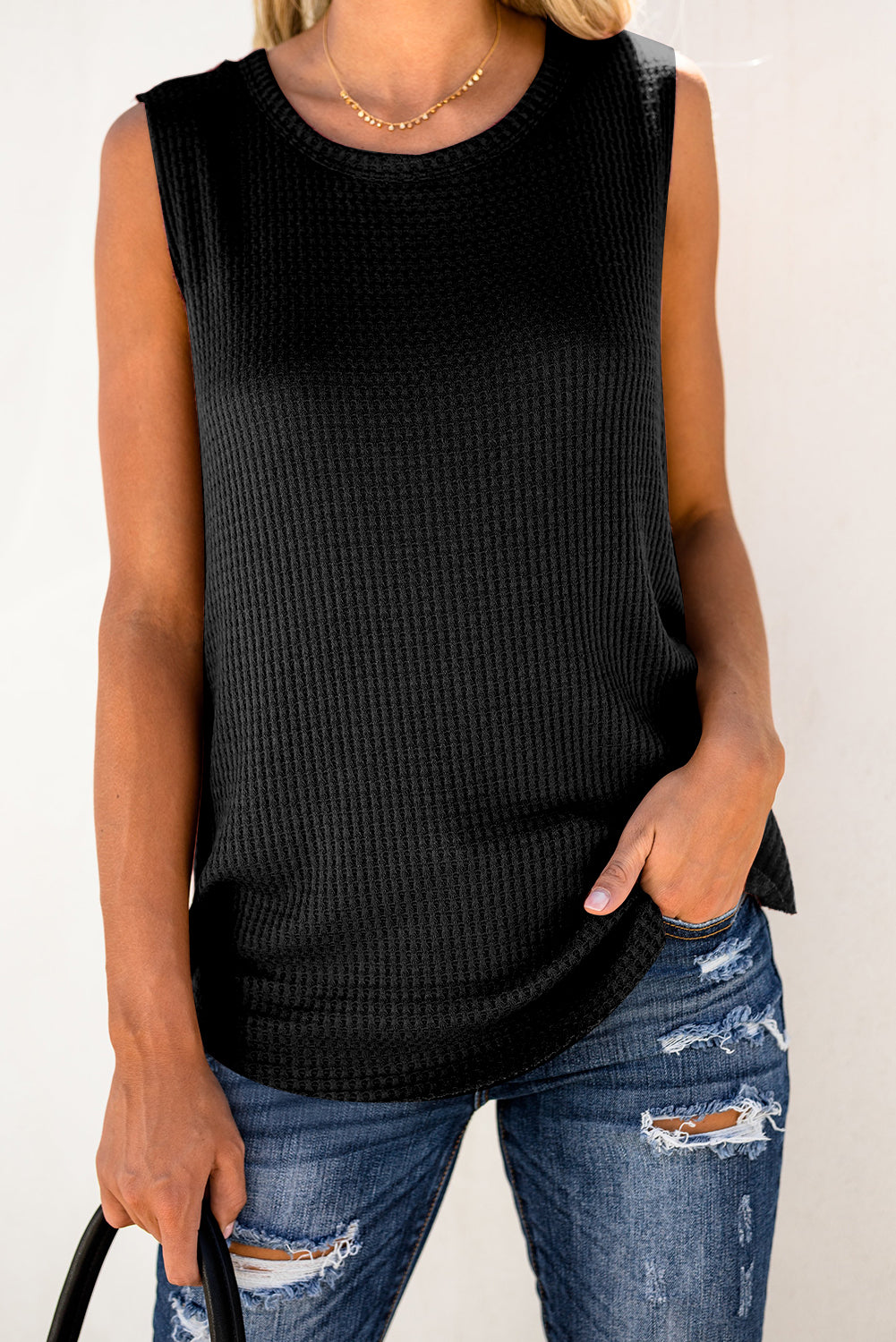 Black Crew Neck Basic Waffle Tank Top