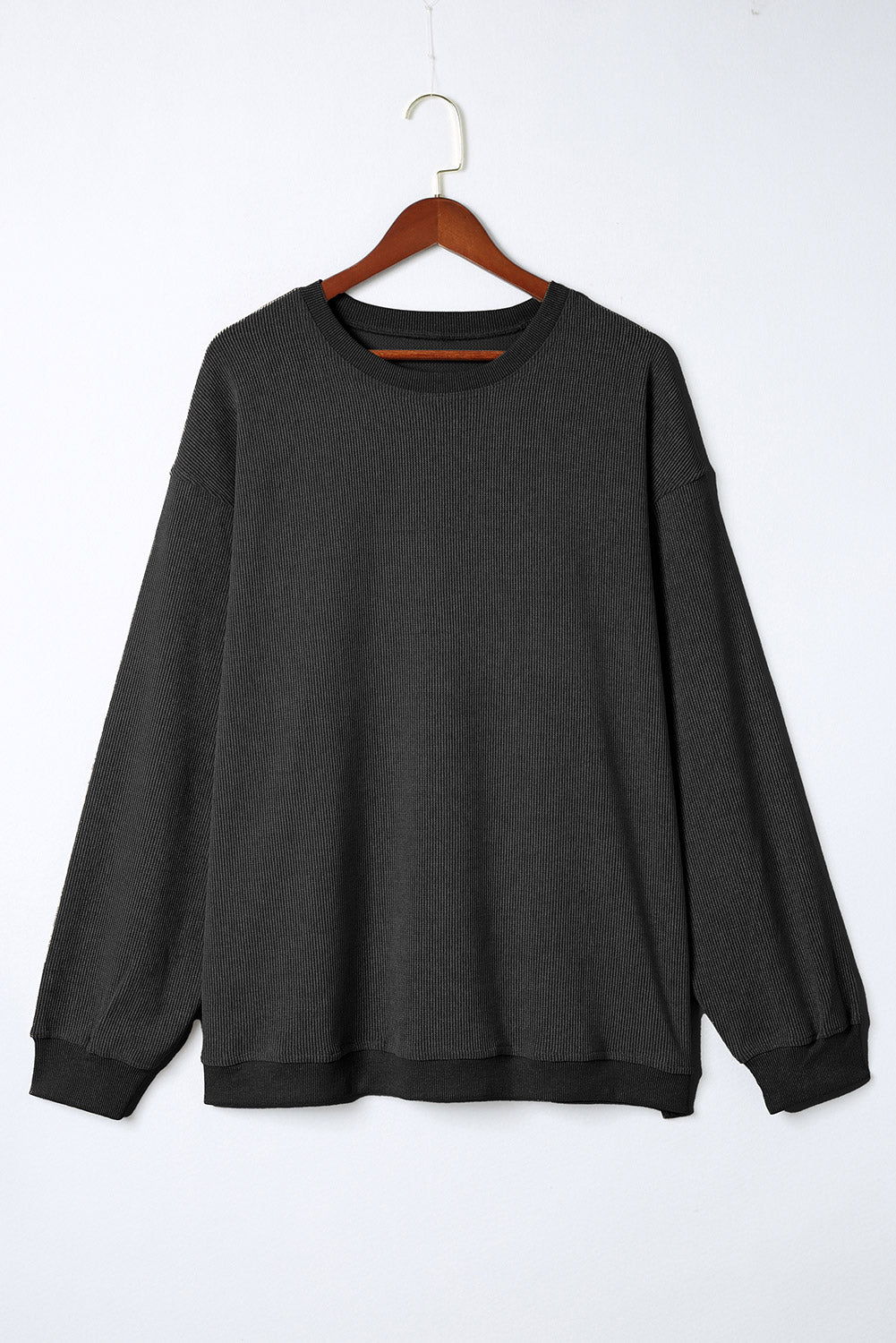 Black Plus Size Corded Round Neck Sweatshirt