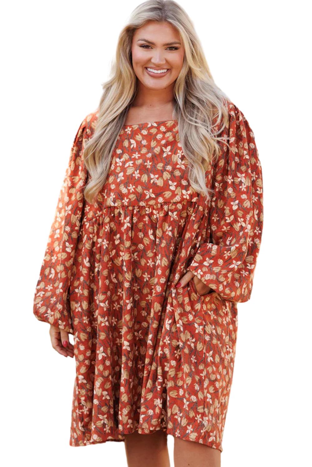 Gold Flame Floral Print Square Neck Bubble Sleeve Plus Size Midi Dress