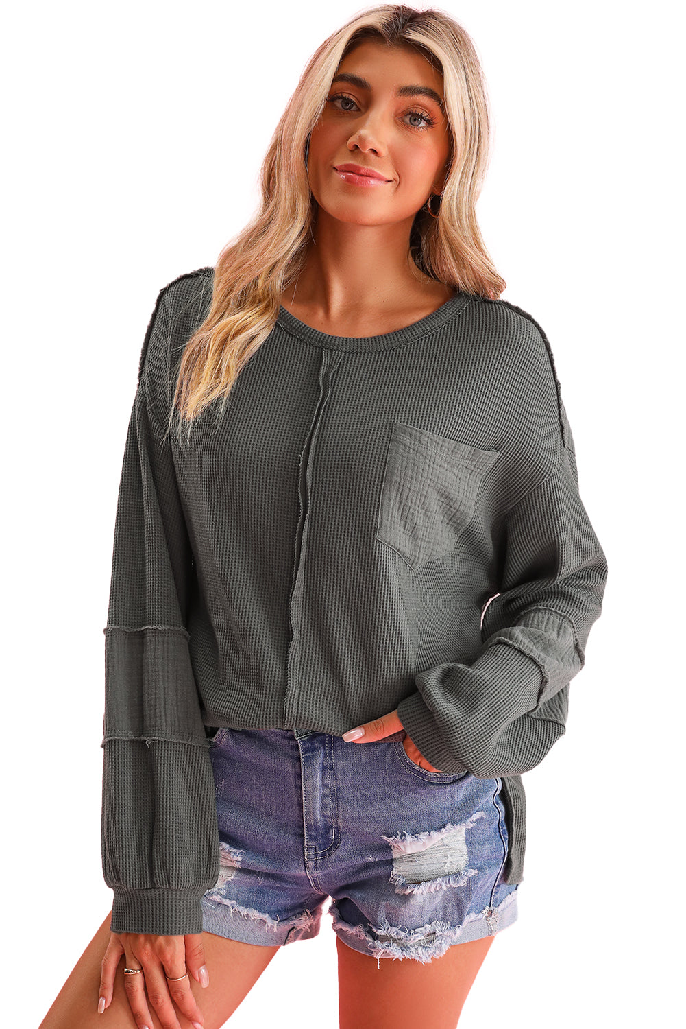 Gray Waffle and Crinkle Patchwork Long Sleeve Top