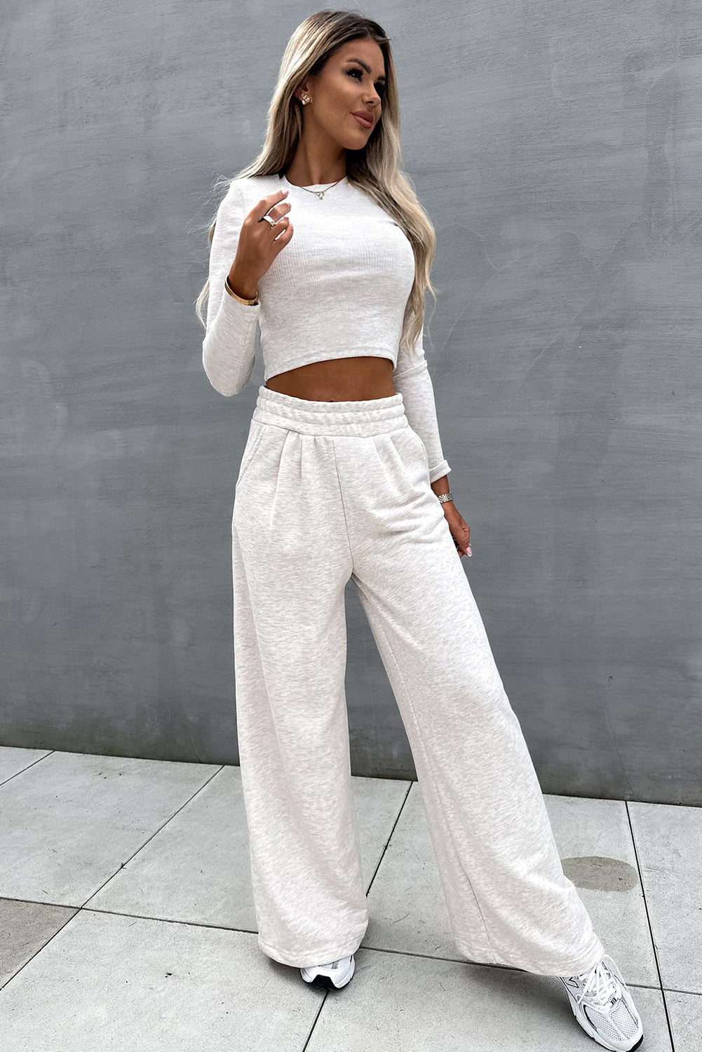 Beige Slim Fit Crop Top and Wide Leg Pants Set