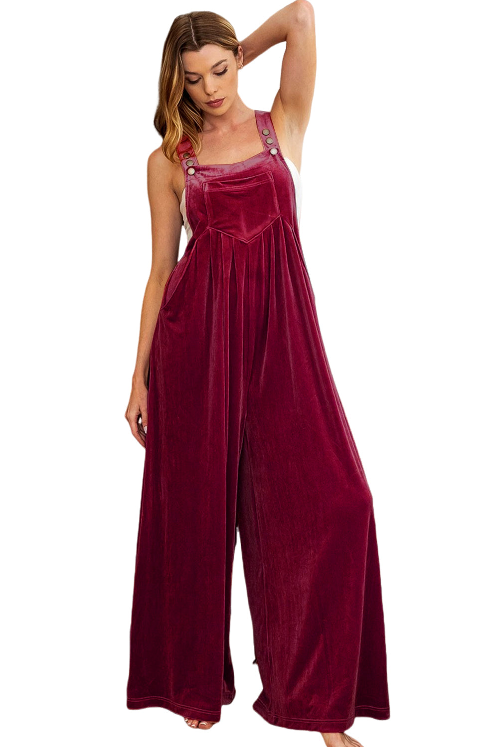 Ruby Solid Color Velvet Pleated Wide Leg Overall