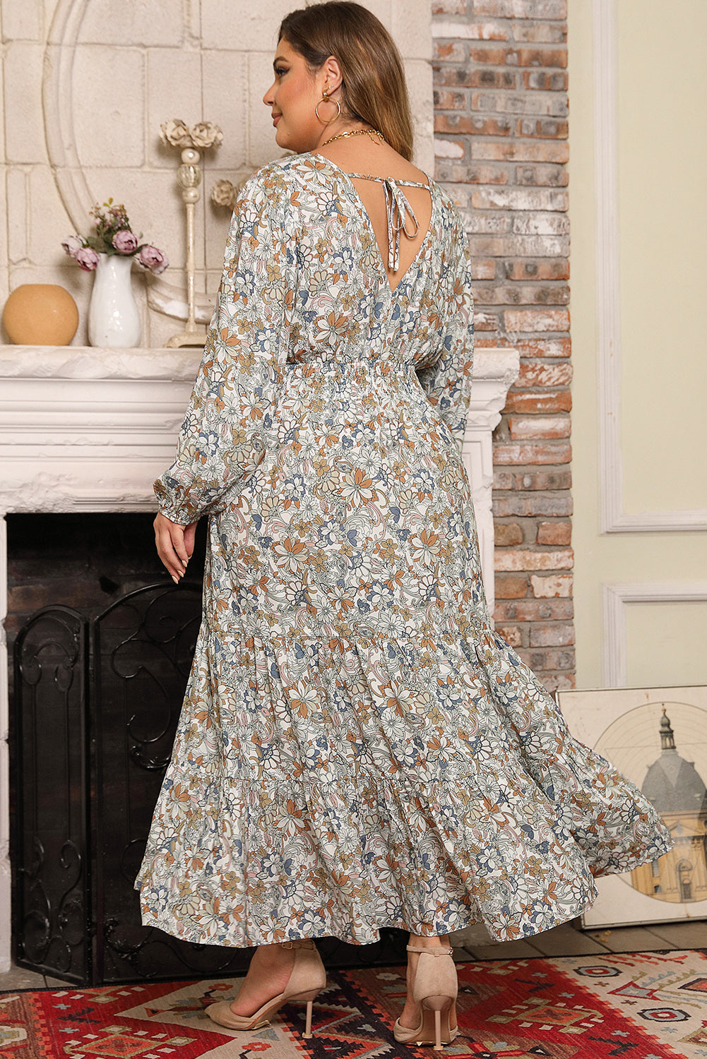 Multicolor Plus Size Floral Puff Sleeve Surplice Ruffled Dress