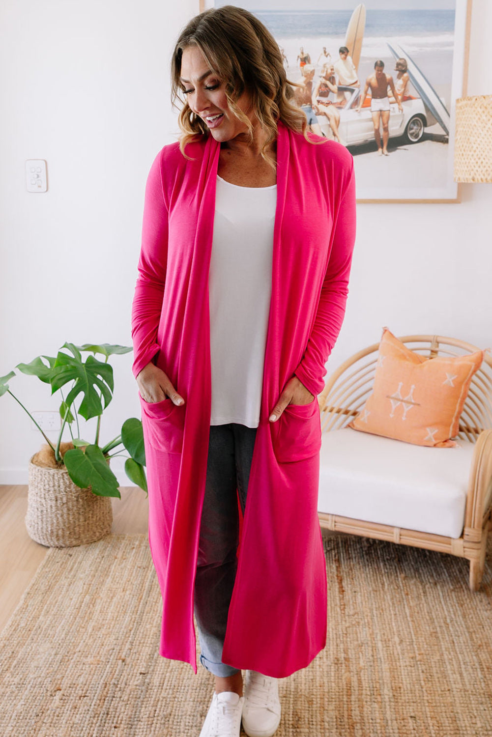 Strawberry Pink Plus Size Side Split Pockets Duster Cardigan