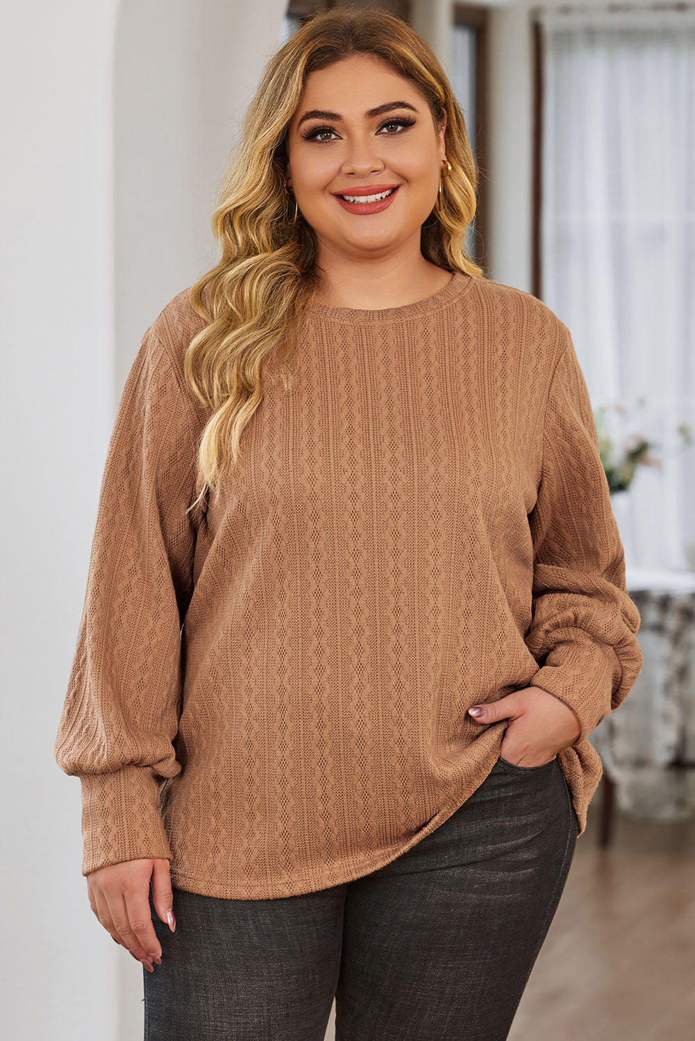 Khaki Casual Subtle Cable Knit Plus Size Sweater