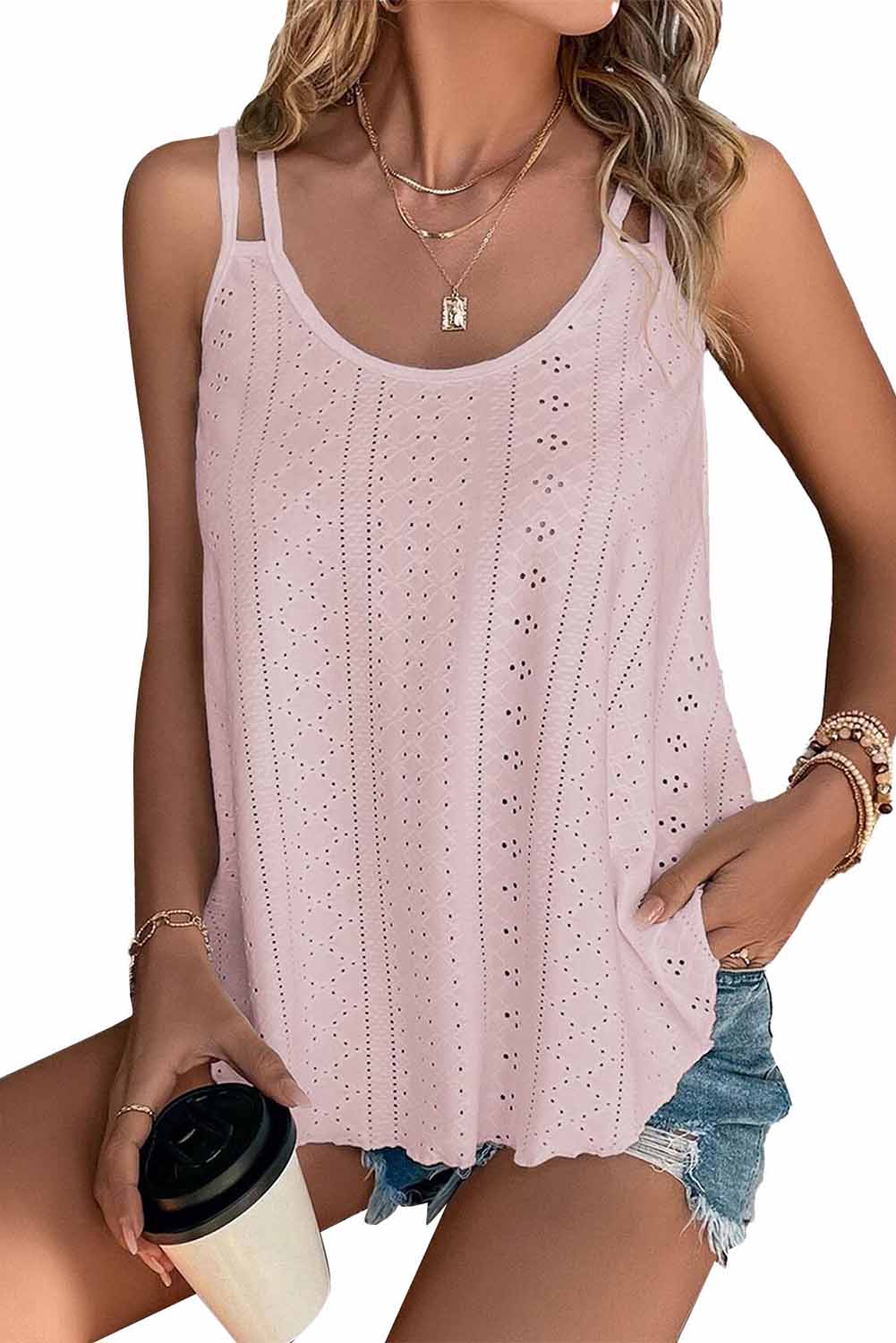 Pink Eyelet Strappy Scoop Neck Tank Top