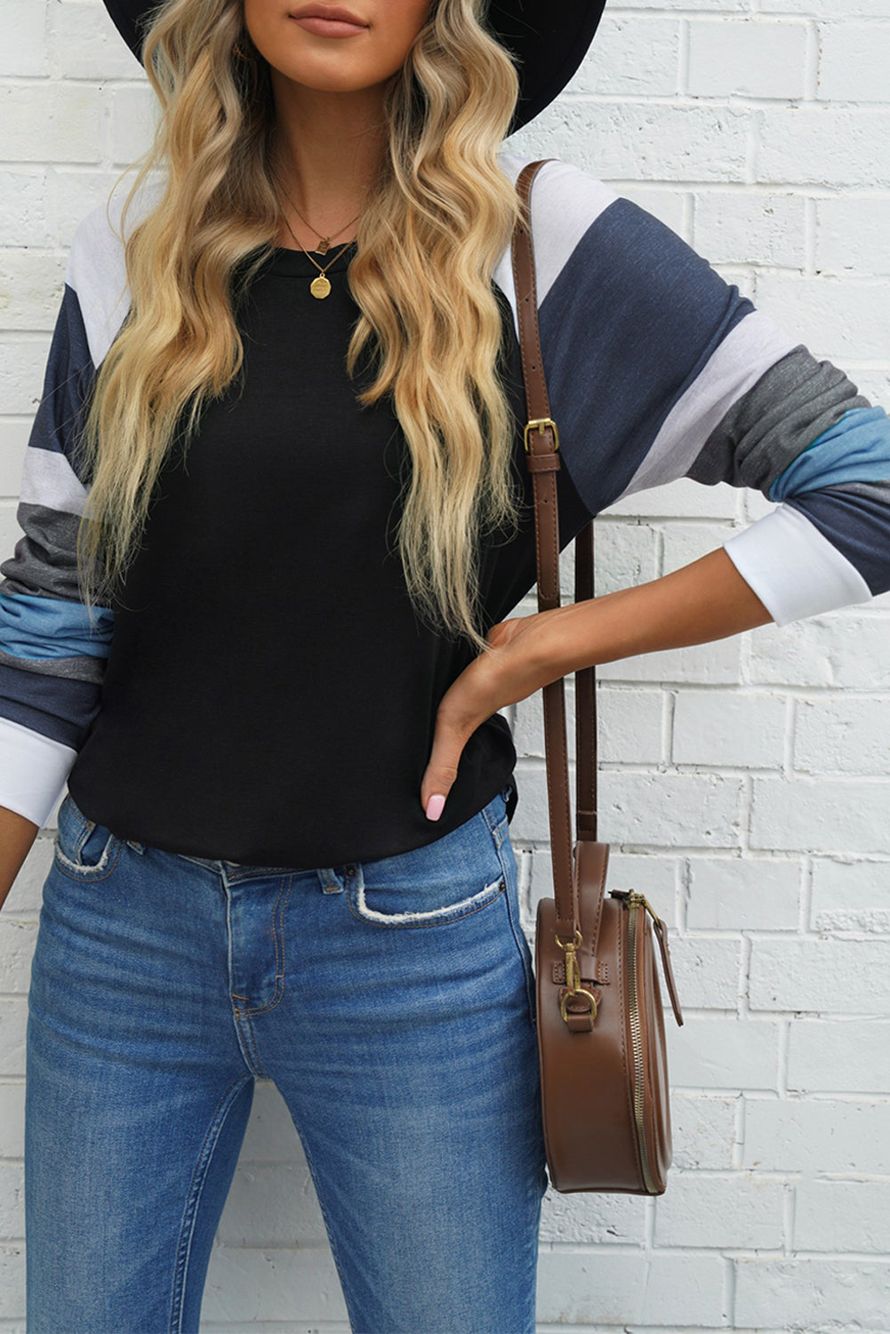 Black Color Block Long Sleeves Pullover Top