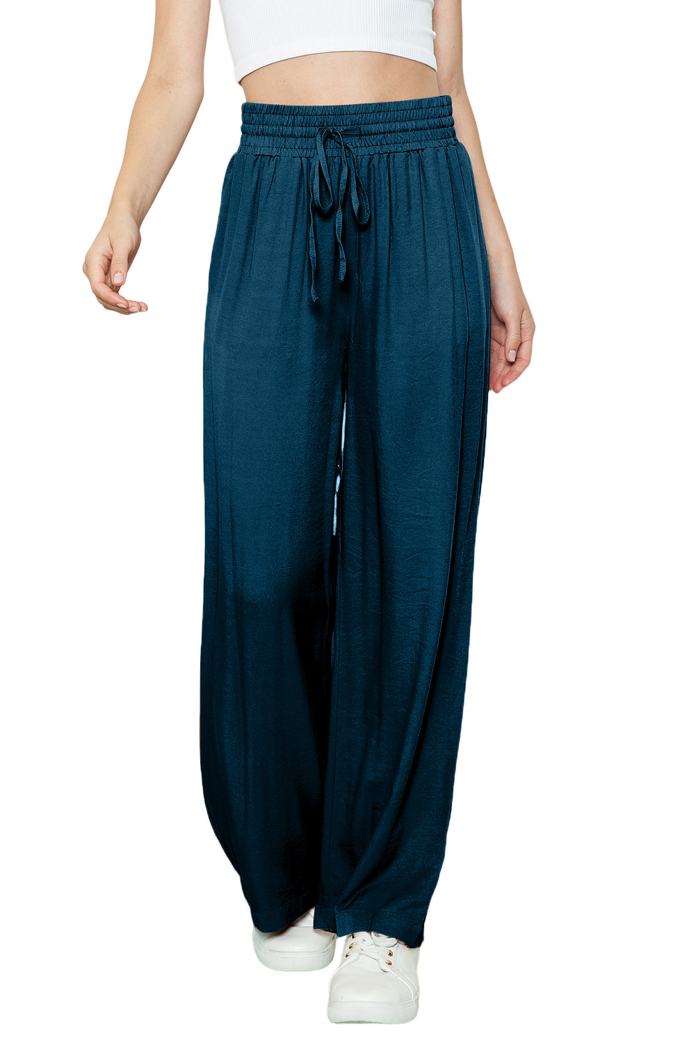 Blue Casual Drawstring Shirred Elastic Waist Wide Leg Pants