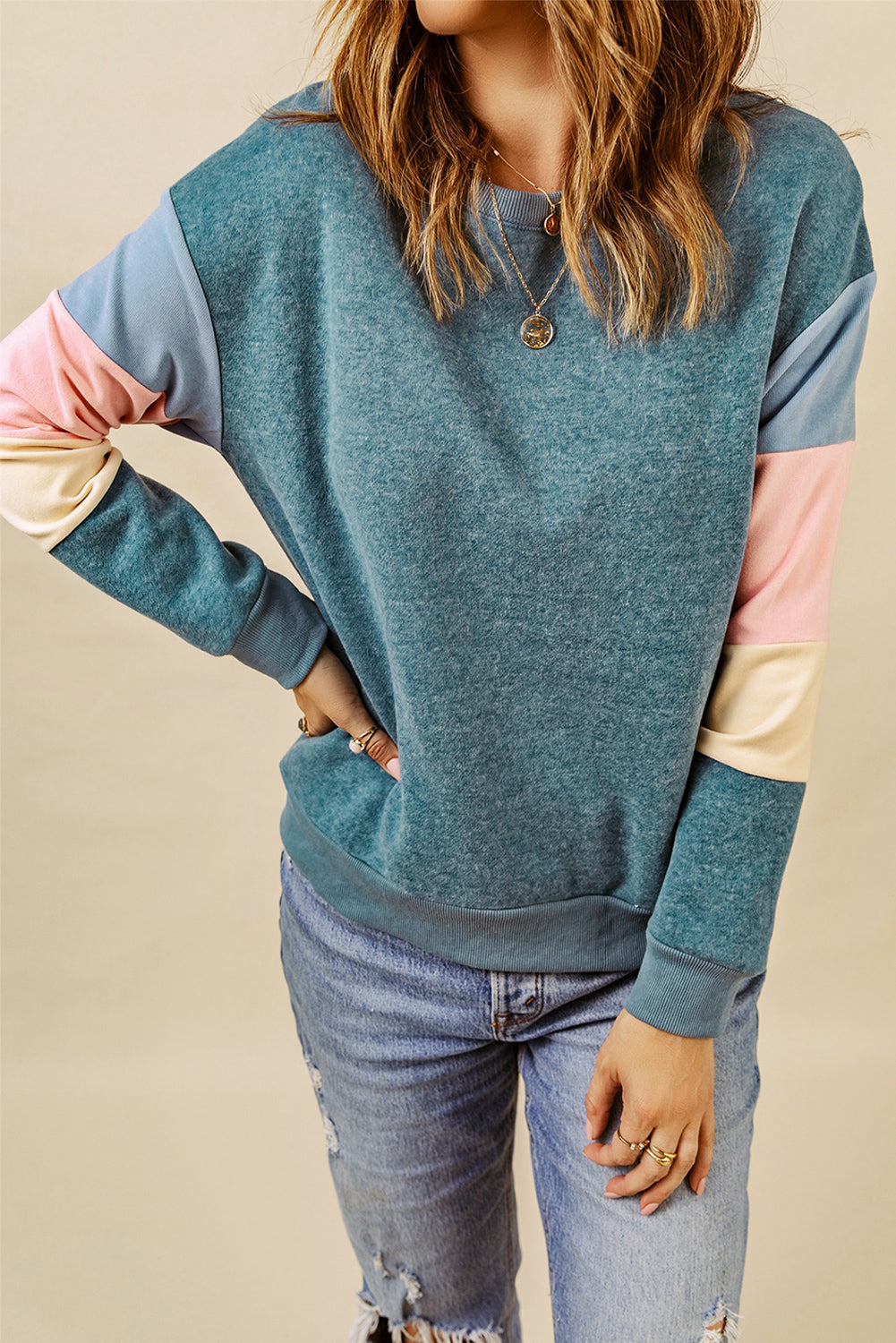 Grey Casual Color Block Drop Sleeve Sweatshirt