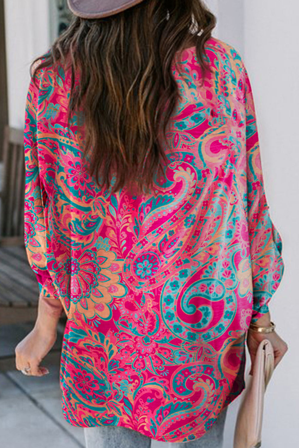 Rose Red Paisley Print Tab Sleeve V-Neck Boho Blouse