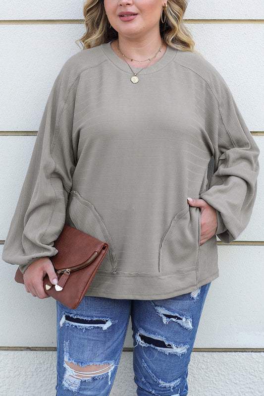 Gray Ribbed Side Pockets Long Sleeve Plus Size Top