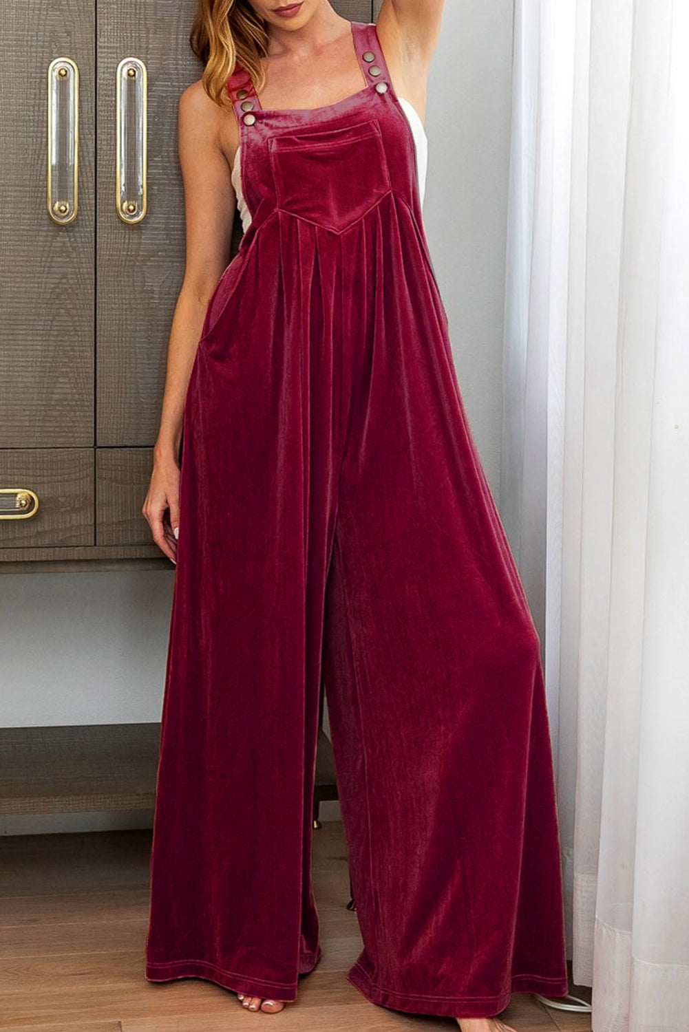 Ruby Solid Color Velvet Pleated Wide Leg Overall