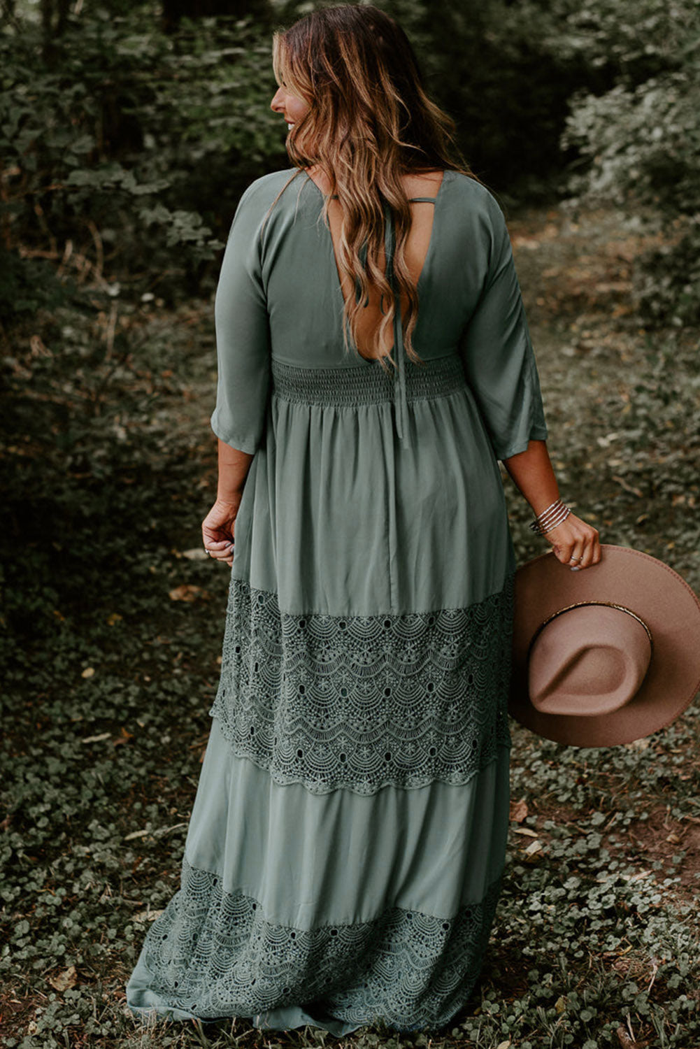 Mist Green Plus Size 3/4 Sleeve Smocked Lace Decor Maxi Dress