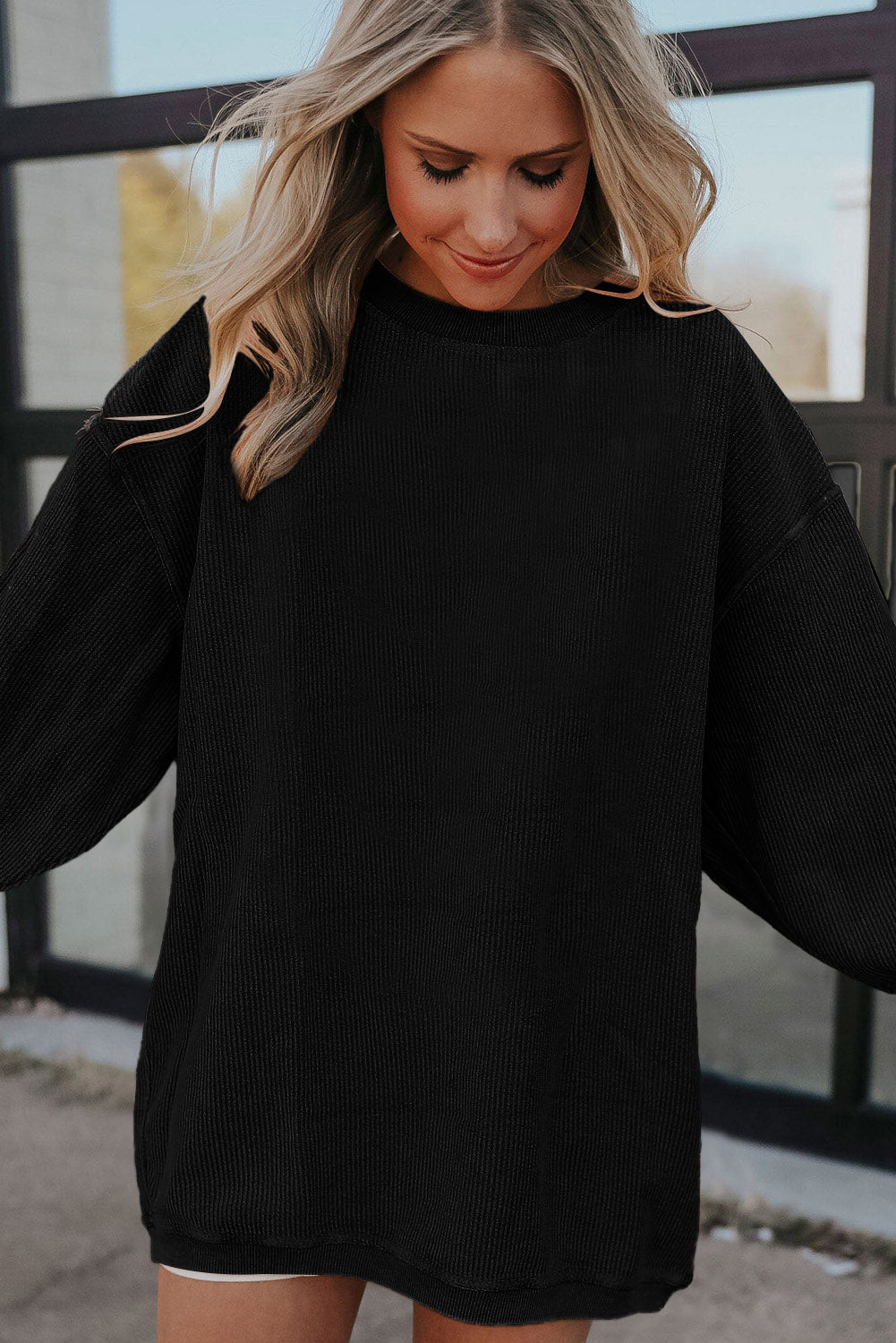 Light Grey Drop Shoulder Ribbed Oversized Sweatshirt