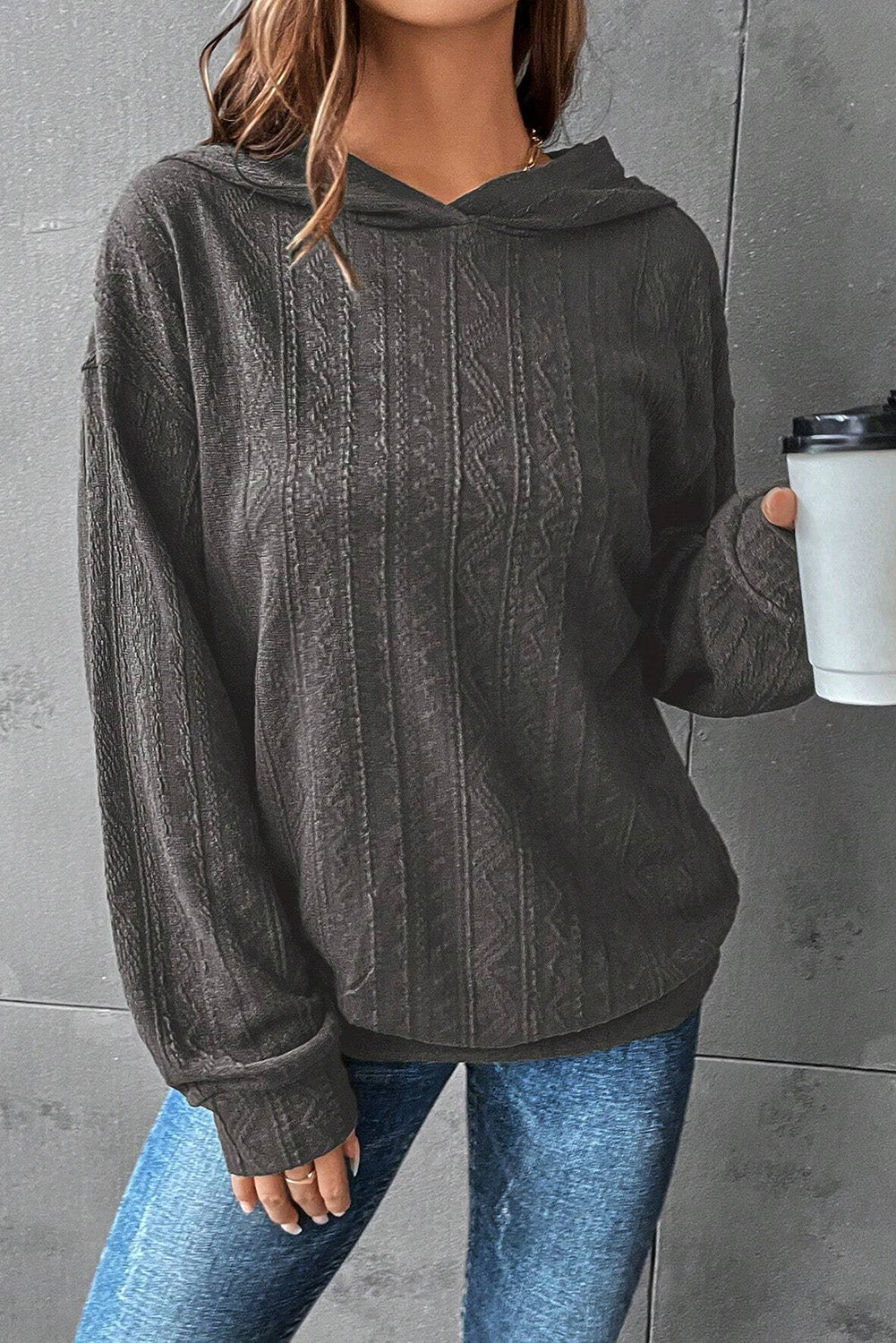 Dark Grey Casual Ribbed Knit Hoodie