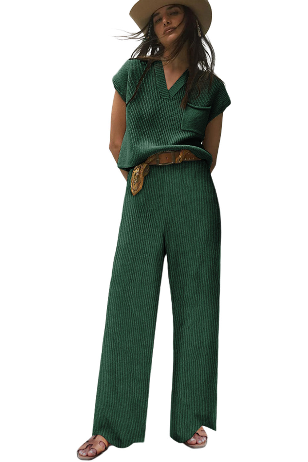 Green Knitted V Neck Sweater and Wide Leg Pants Set