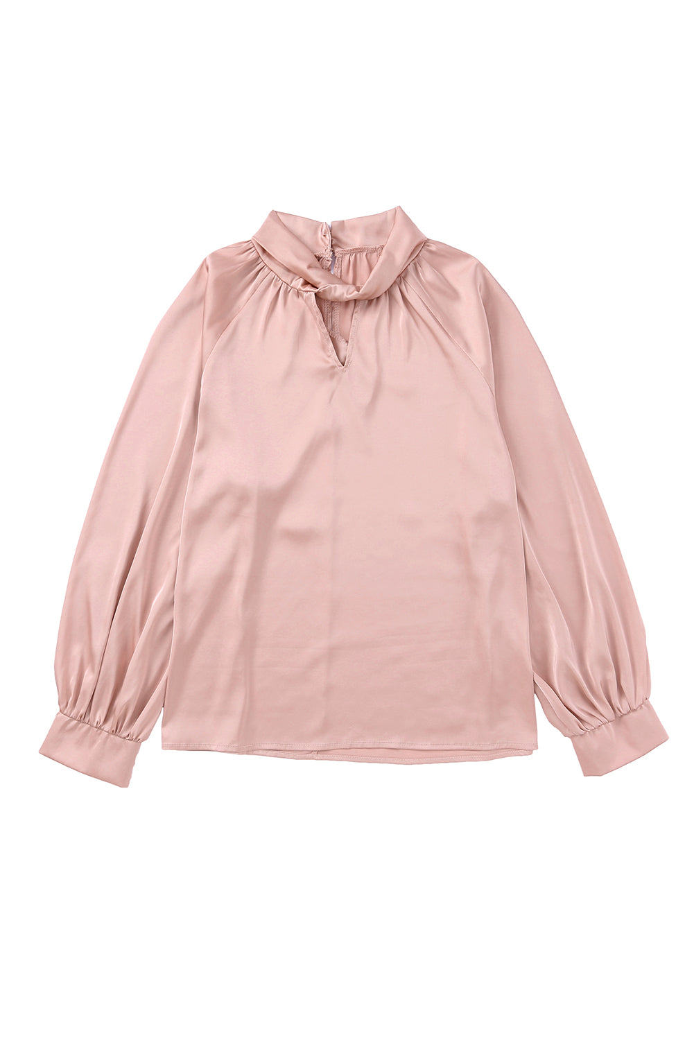 Pink Elegant Keyhole Long Sleeve Satin Blouse